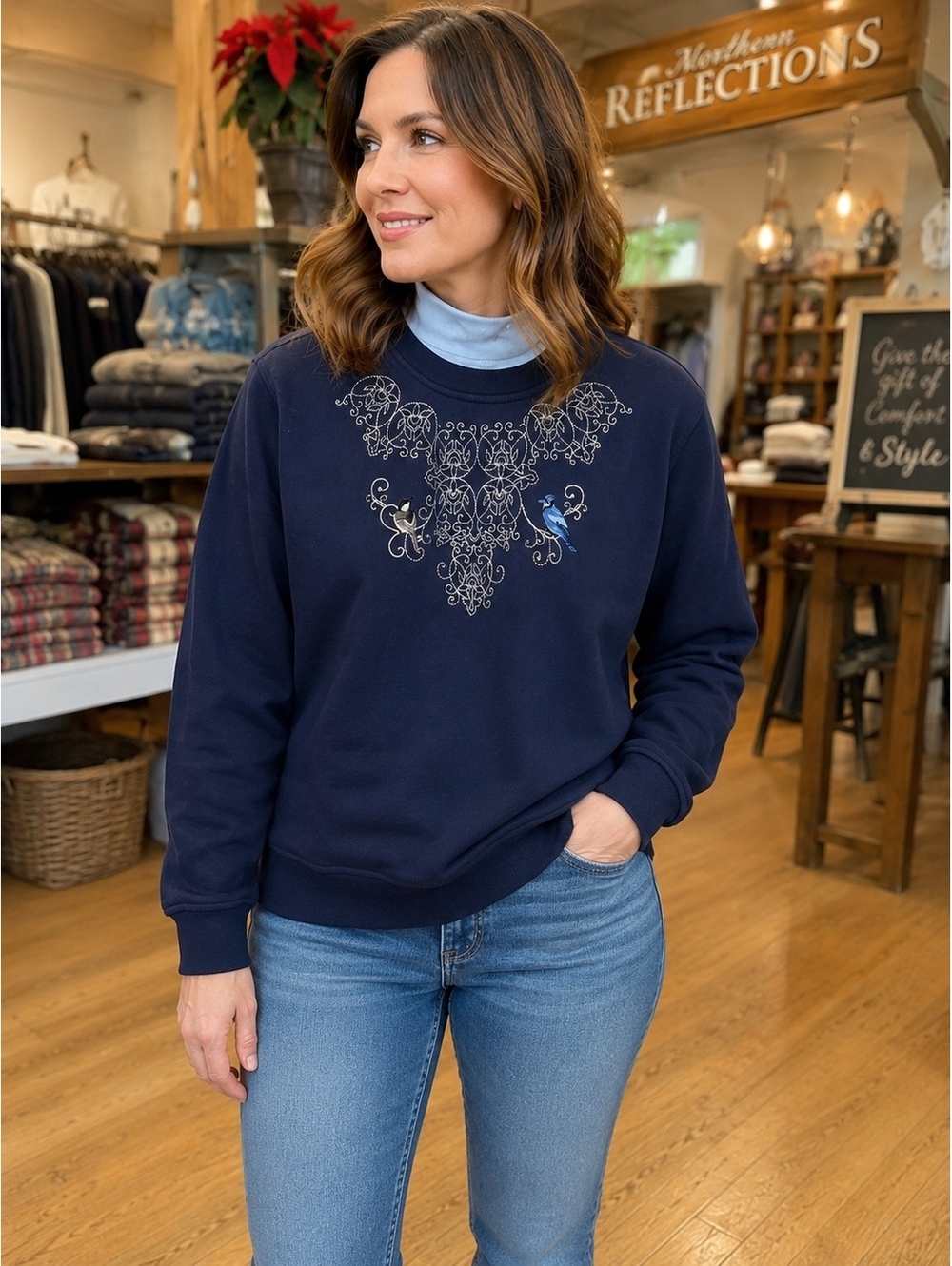 Northern Reflections Large Navy Blue Embroidered Bird Fleece Sweatshirt